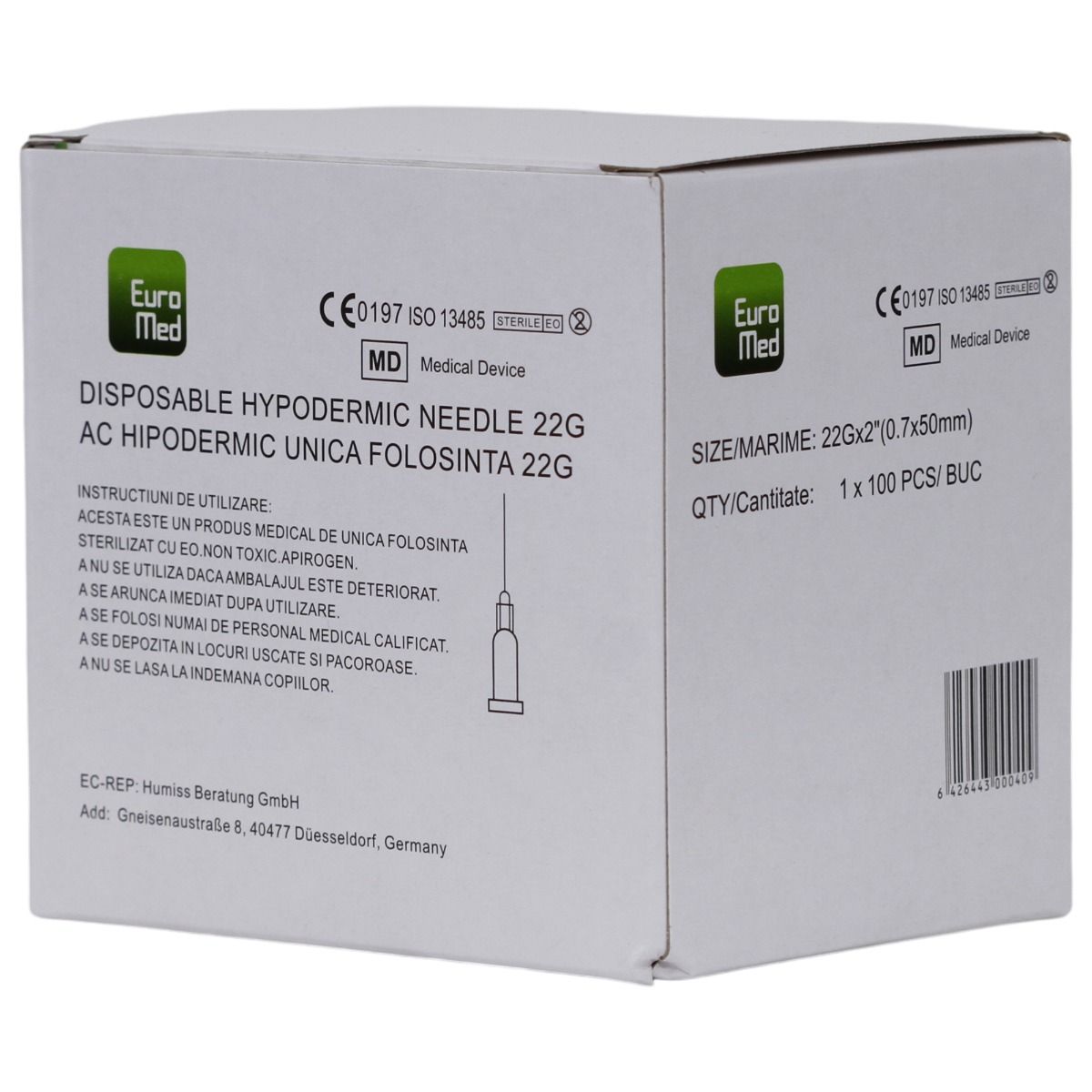 Ace sterile de unica folosinta 22G, 2” pentru injectii intravenoase si hipodermice, gri, 100buc — imaginea 6