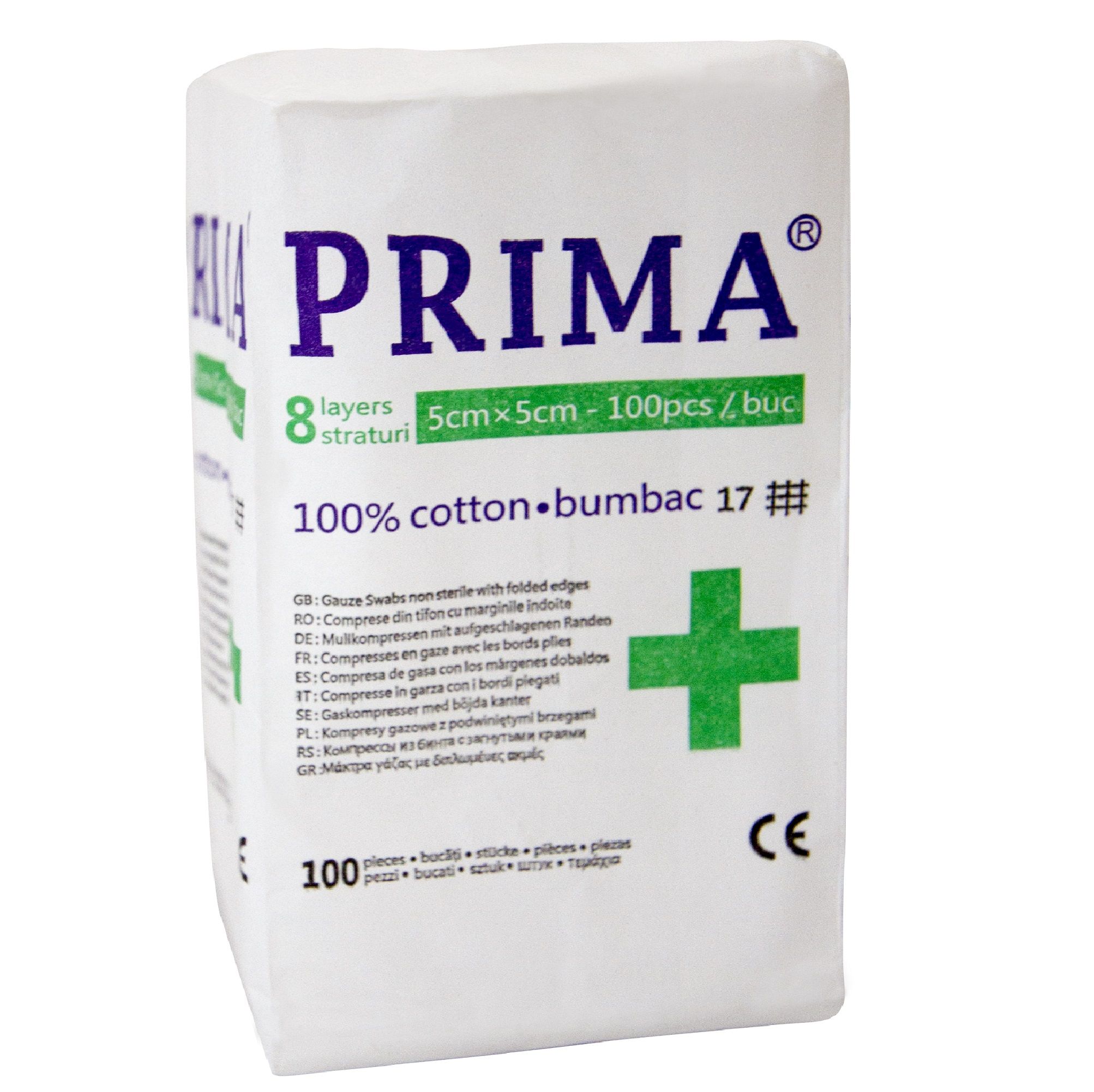 Comprese nesterile PRIMA, tifon, 8 pliuri, 5x5 cm, 100 buc.