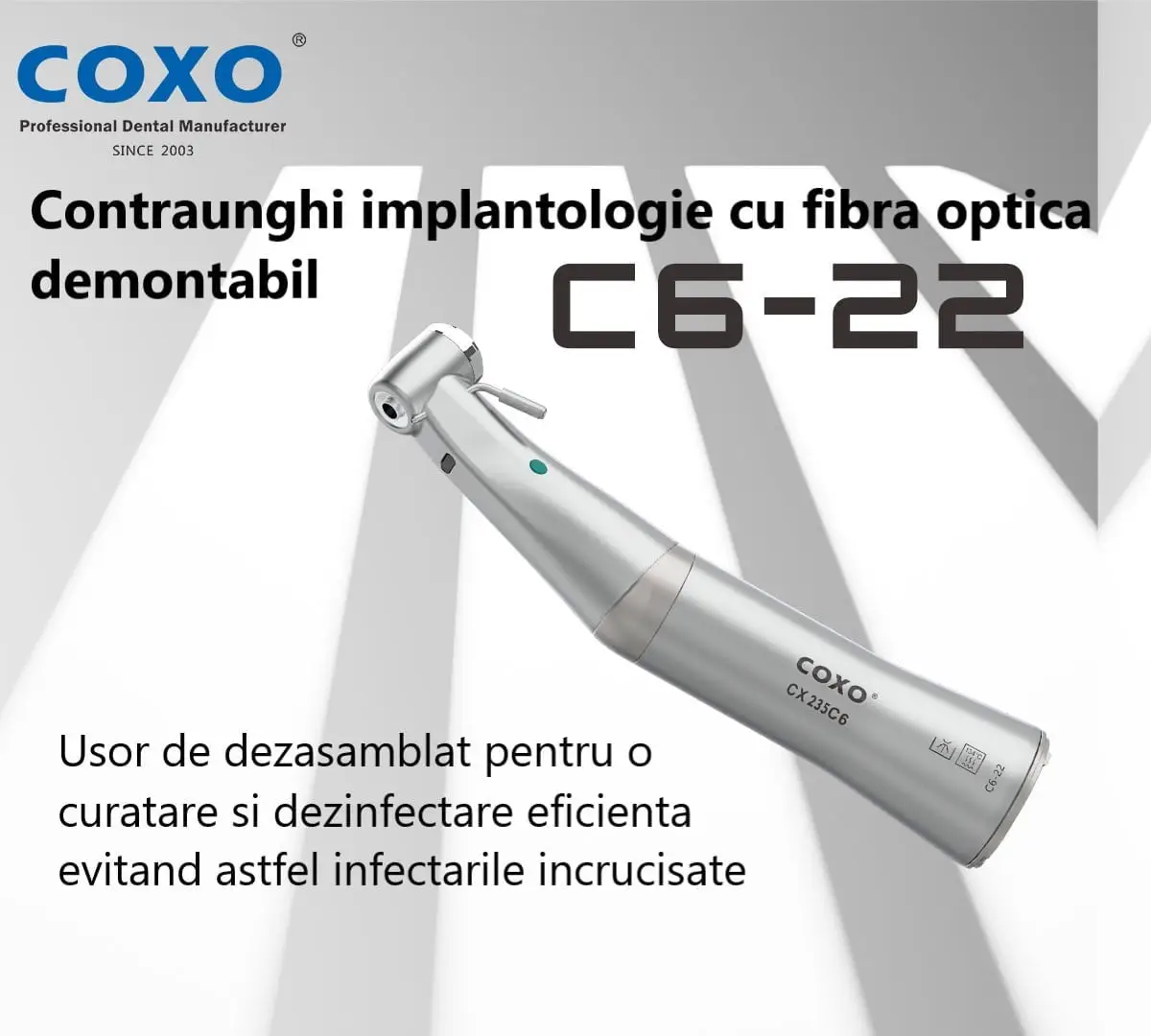 Piesă Contraunghi Implantologie COXO C6-22, 20:1, Fibră Optică — imaginea 7