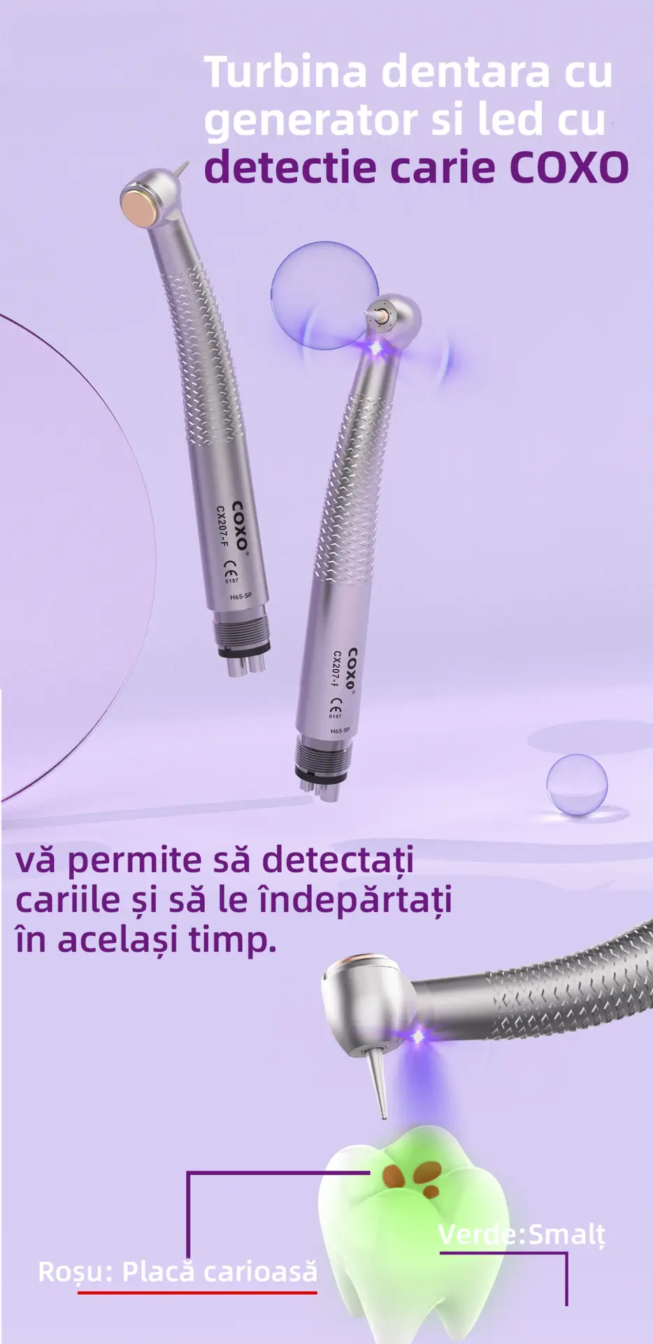 Turbină Dentară COXO H65-TP cu LED, Generator și Detecție Carie, 4 Intrări Midwest — imaginea 5