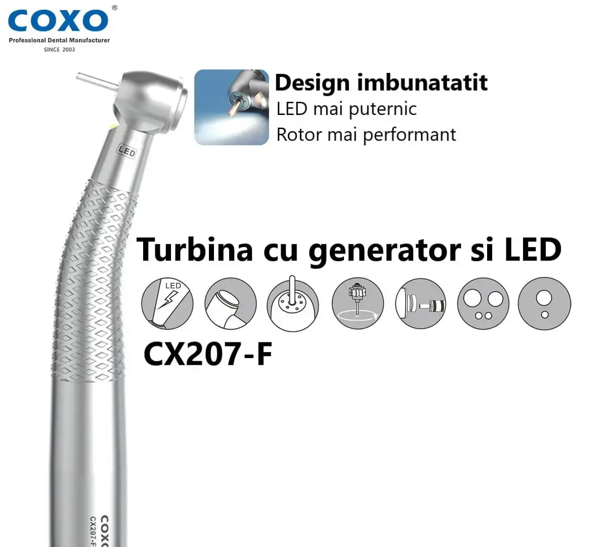 Turbină Dentară COXO H15-TP cu LED și Generator Integrat, Conectare Midwest — imaginea 5